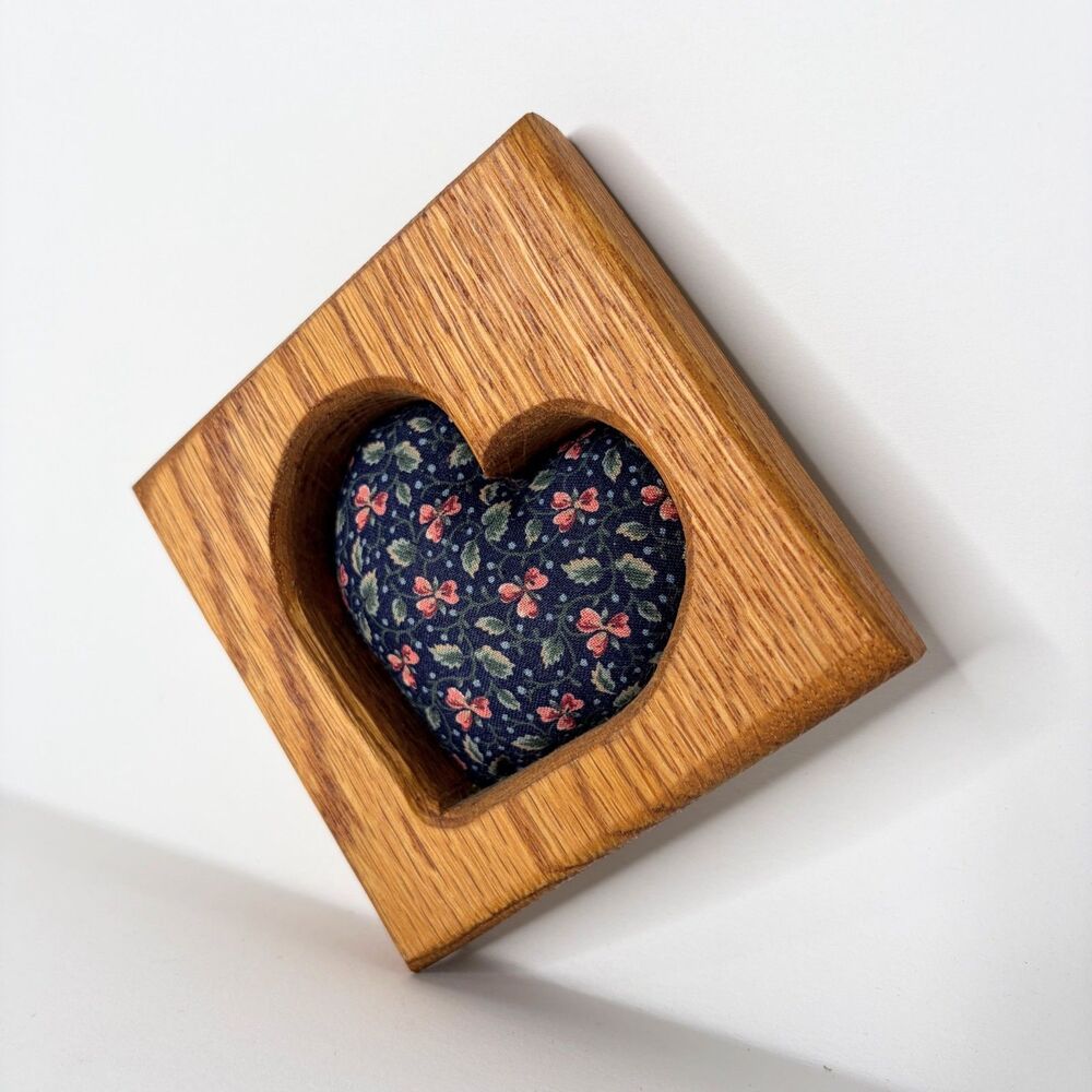 Cottagecore Wood Heart Wall Hanging Small Cushion Floral Heart Handmade 3.75"